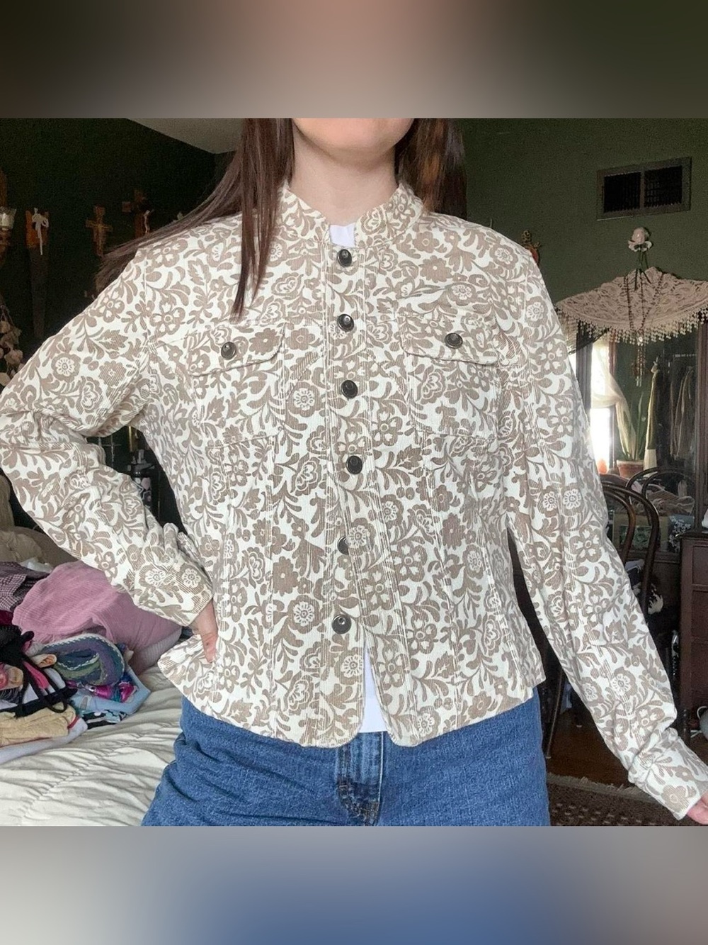 Christopher & Banks Floral Button-Front Jean Jacket in Beige and White